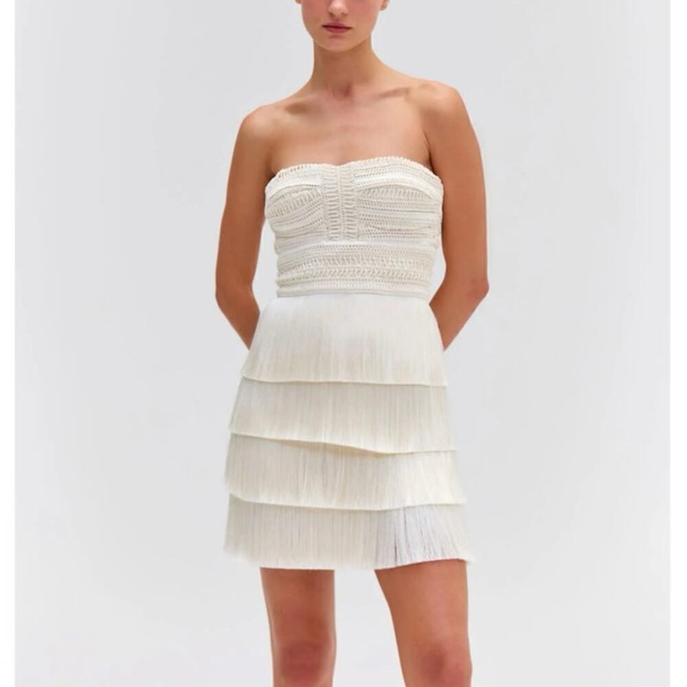 PatBo Strapless Crochet Fringe Tiered Metallic Trim Mini Dress Boho White Size 6